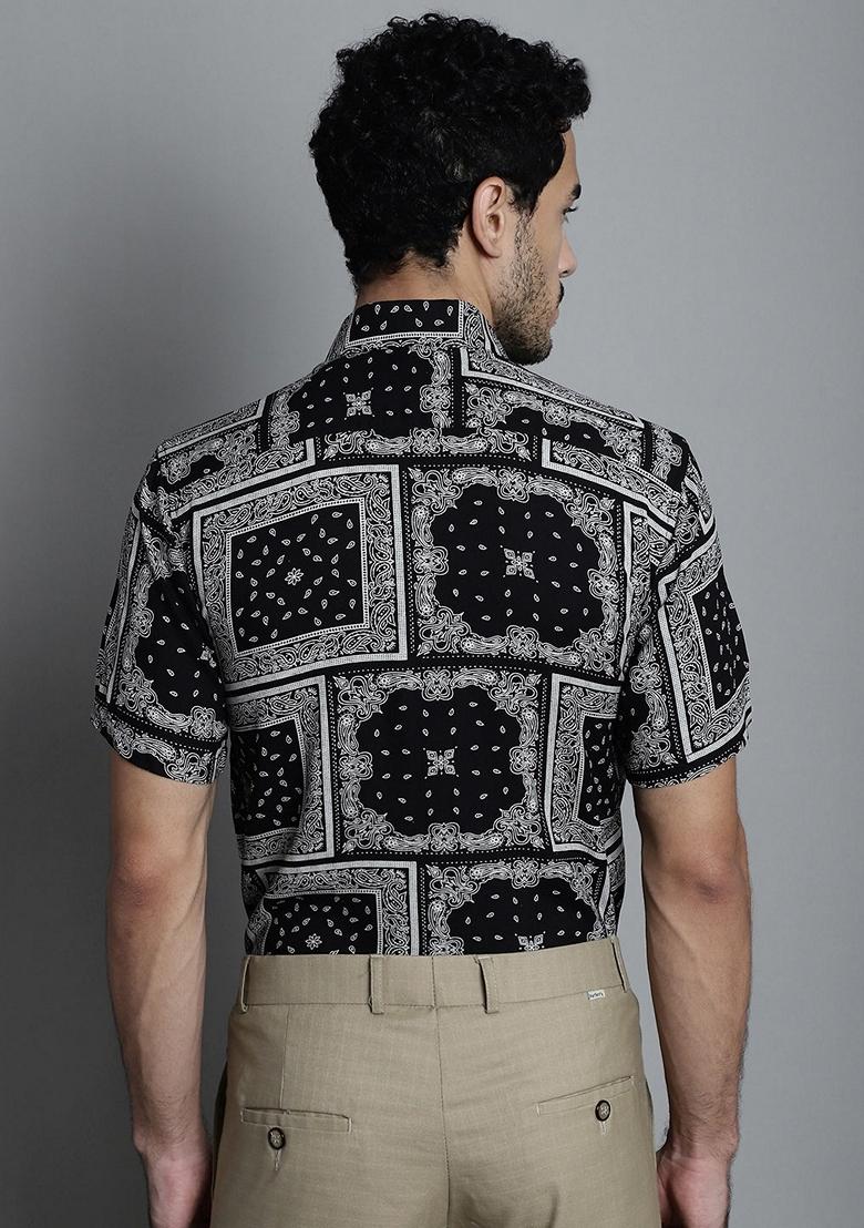 Black Printed Viscose Rayon Shirt For Men
