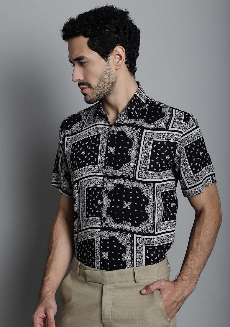 Black Printed Viscose Rayon Shirt For Men