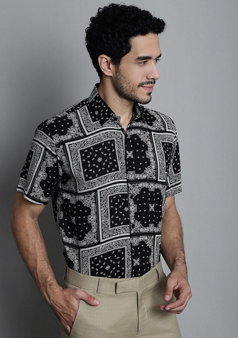 Black Printed Viscose Rayon Shirt For Men