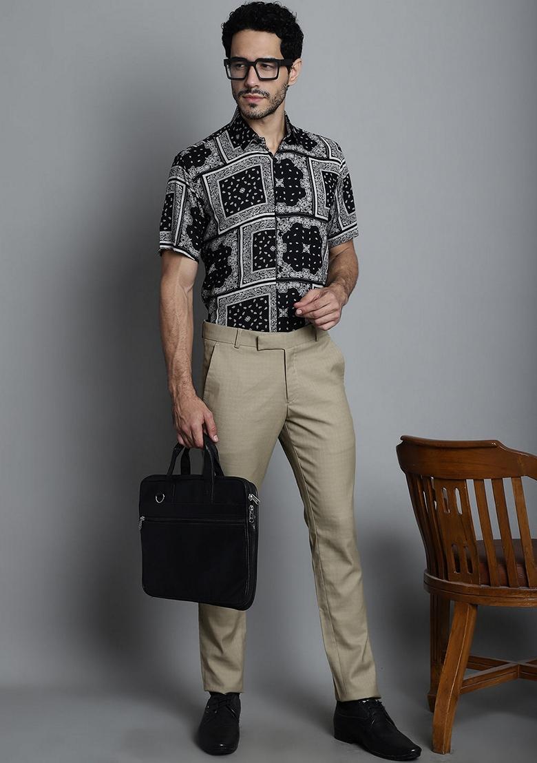 Black Printed Viscose Rayon Shirt For Men