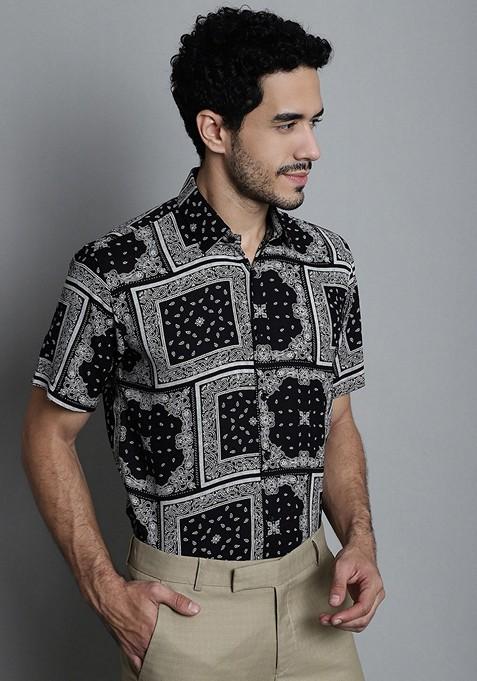 Black Printed Viscose Rayon Shirt For Men