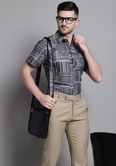 Grey Printed Cotton Shirt For Men