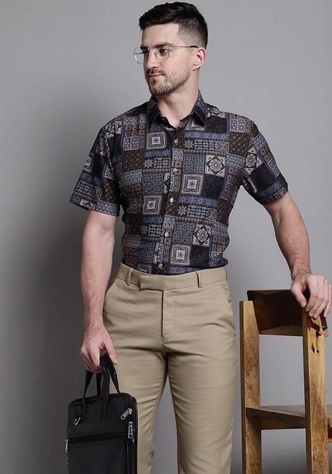 Brown Printed Cotton Shirt For Men