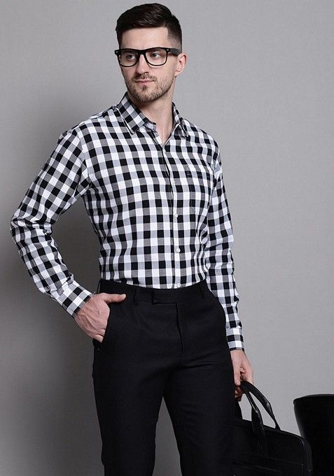 Black Checkered Cotton Shirt For Men