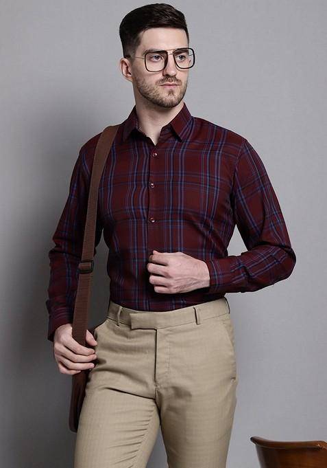 Maroon Checkered Cotton Shirt For Men