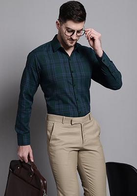 Green Checkered Cotton Shirt For Men