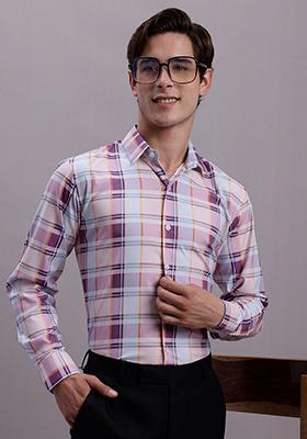 Wine Checkered Poly Cotton Shirt For Men