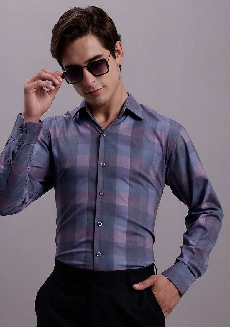 Purple Checkered Poly Cotton Shirt For Men - Indya