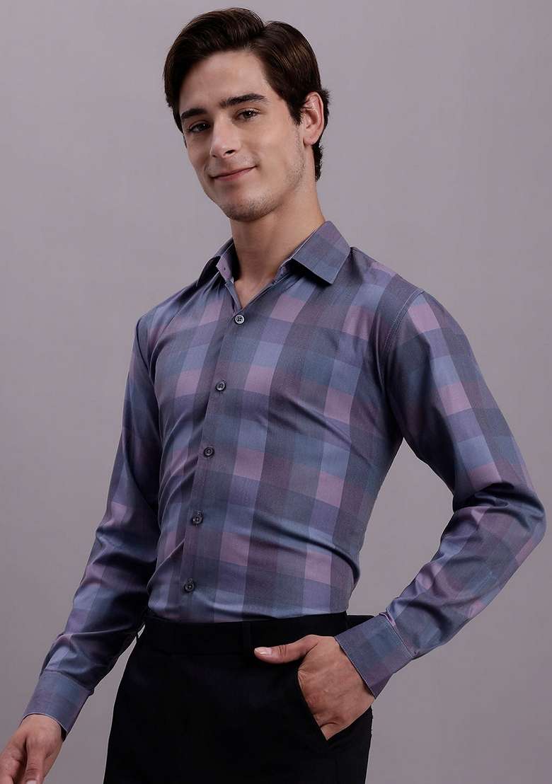 Purple Checkered Poly Cotton Shirt For Men - Indya