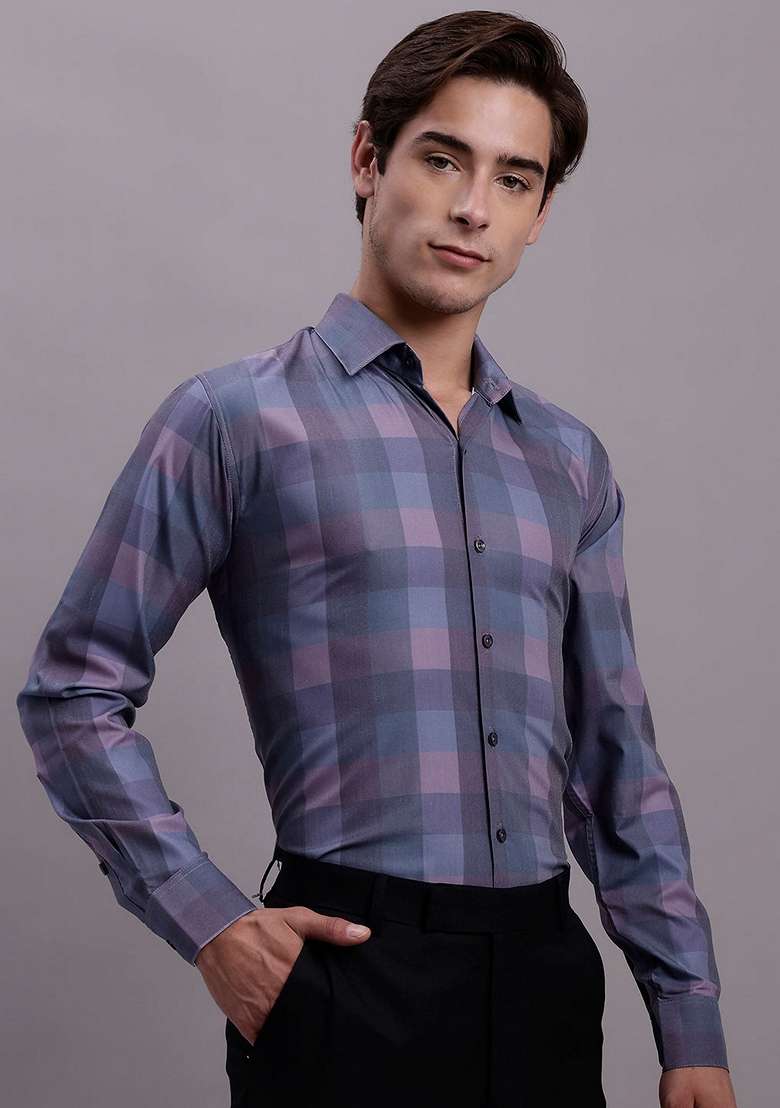 Purple Checkered Poly Cotton Shirt For Men - Indya