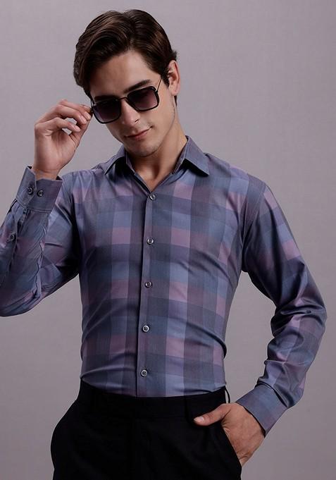 Purple Checkered Poly Cotton Shirt For Men