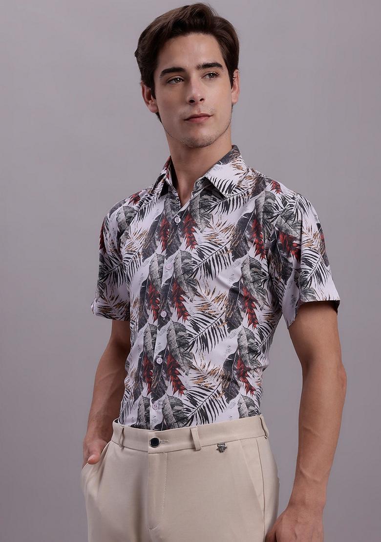 Red Printed Poly Cotton Shirt For Men