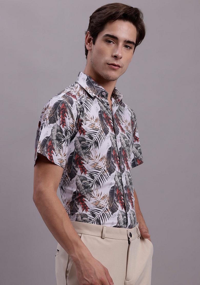 Red Printed Poly Cotton Shirt For Men