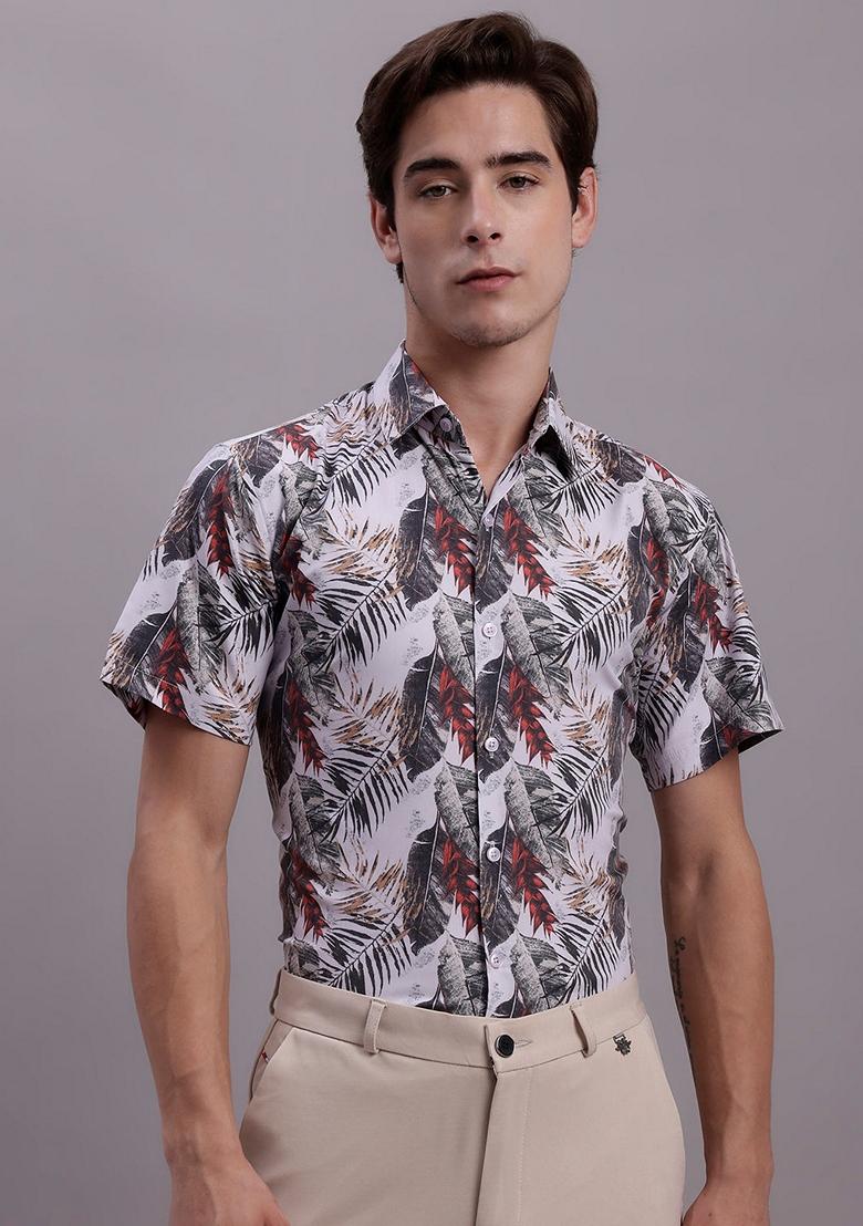 Red Printed Poly Cotton Shirt For Men