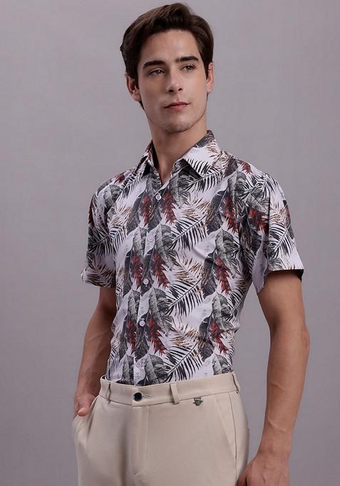 Red Printed Poly Cotton Shirt For Men