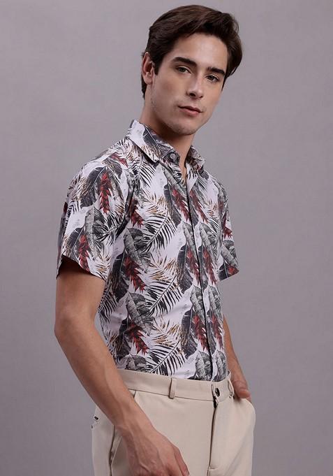Red Printed Poly Cotton Shirt For Men