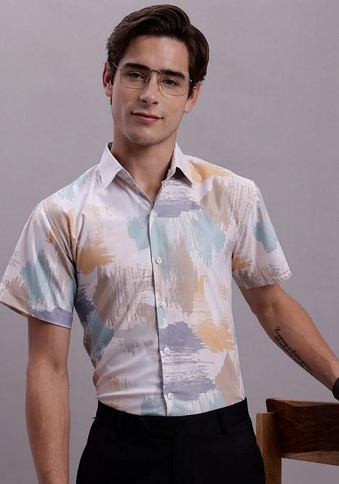 White Printed Poly Cotton Shirt For Men
