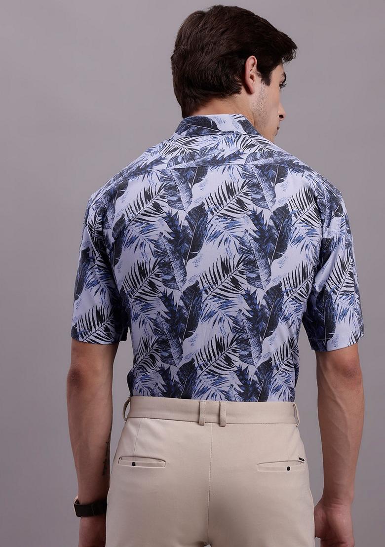 Grey Printed Poly Cotton Shirt For Men