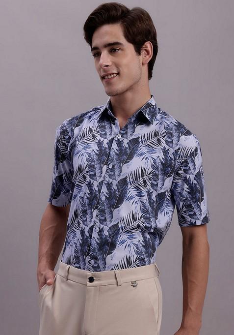 Grey Printed Poly Cotton Shirt For Men