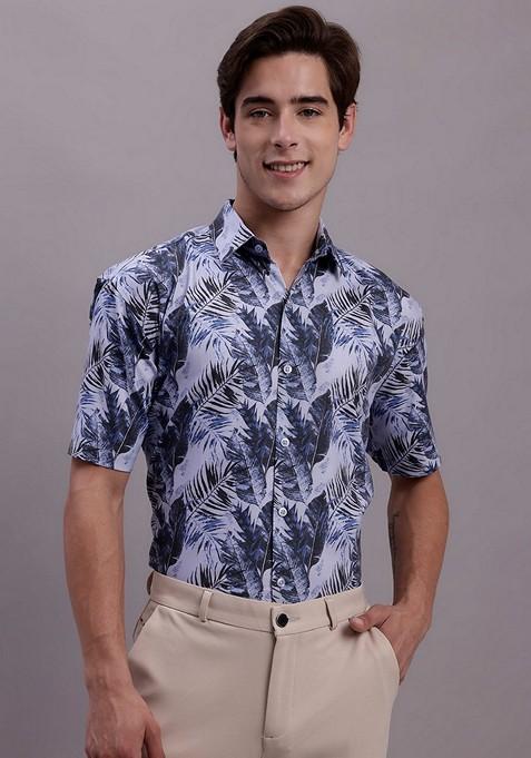 Grey Printed Poly Cotton Shirt For Men
