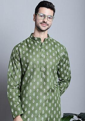 Olive Printed Cotton Blend Kurta For Men