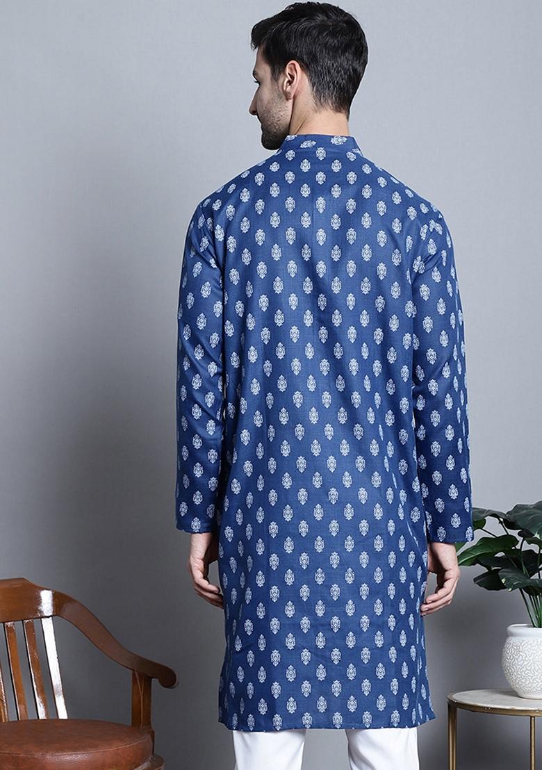 Navy Blue Printed Cotton Blend Kurta For Men