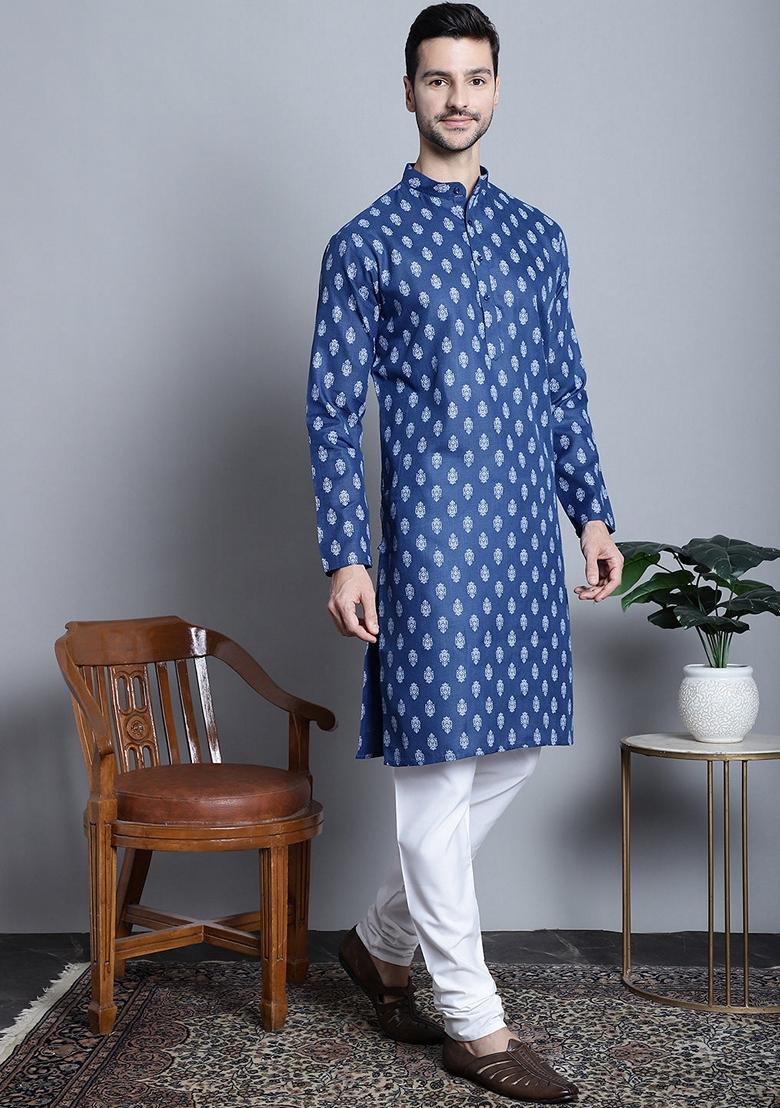 Navy Blue Printed Cotton Blend Kurta For Men - Indya