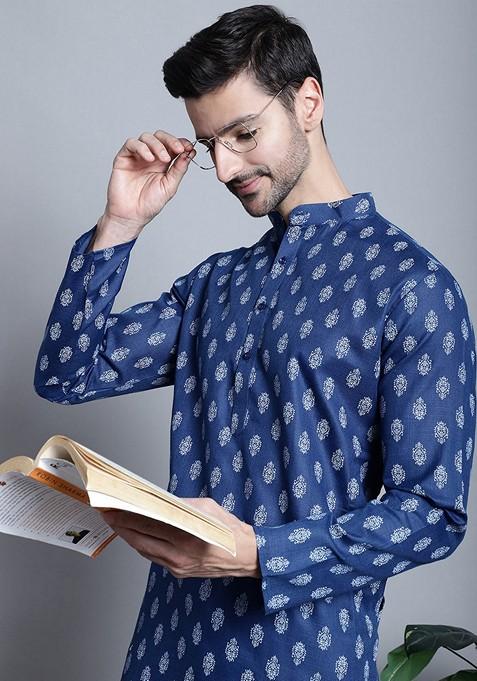 Navy Blue Printed Cotton Blend Kurta For Men