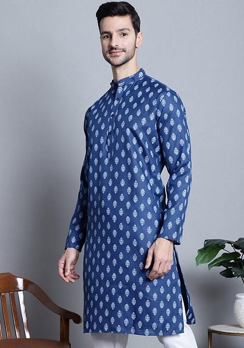 Navy Blue Printed Cotton Blend Kurta For Men
