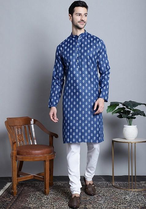 Navy Blue Printed Cotton Blend Kurta For Men