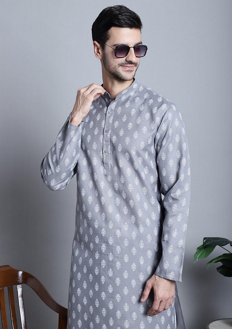 Grey Printed Cotton Blend Kurta For Men