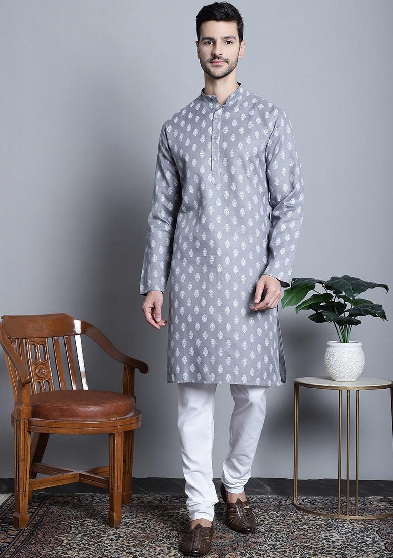 Grey Printed Cotton Blend Kurta For Men