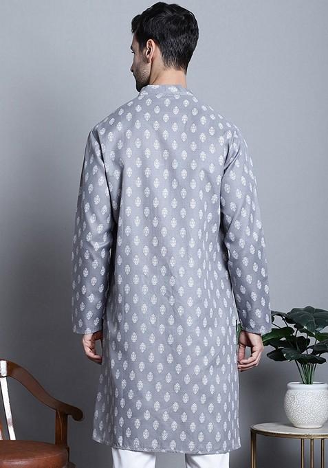 Grey Printed Cotton Blend Kurta For Men