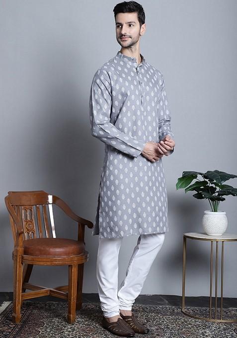 Grey Printed Cotton Blend Kurta For Men