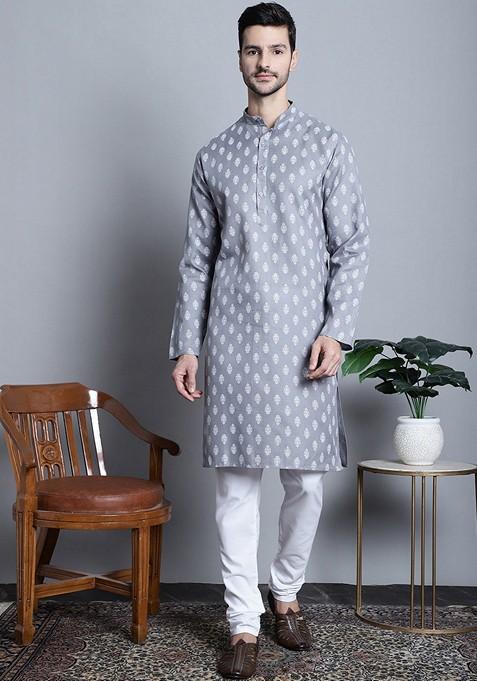 Grey Printed Cotton Blend Kurta For Men
