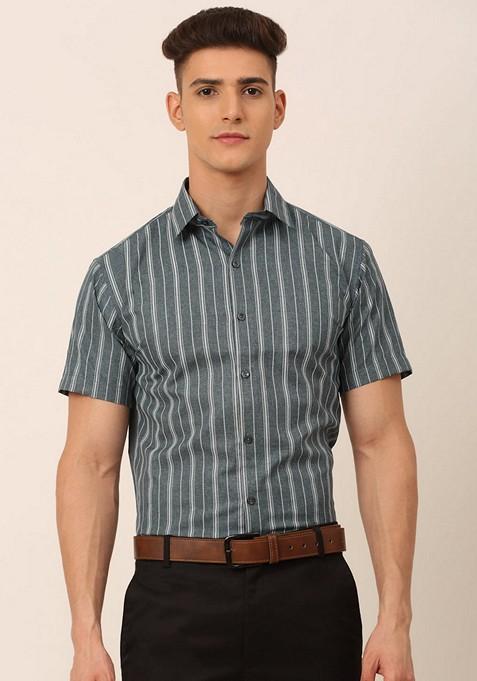 Grey Printed Cotton Blend Shirt For Men