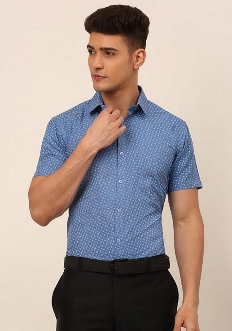 Blue Printed Cotton Blend Shirt For Men