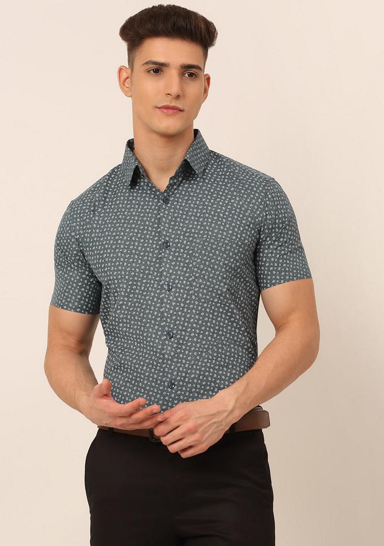 Grey Printed Cotton Blend Shirt For Men