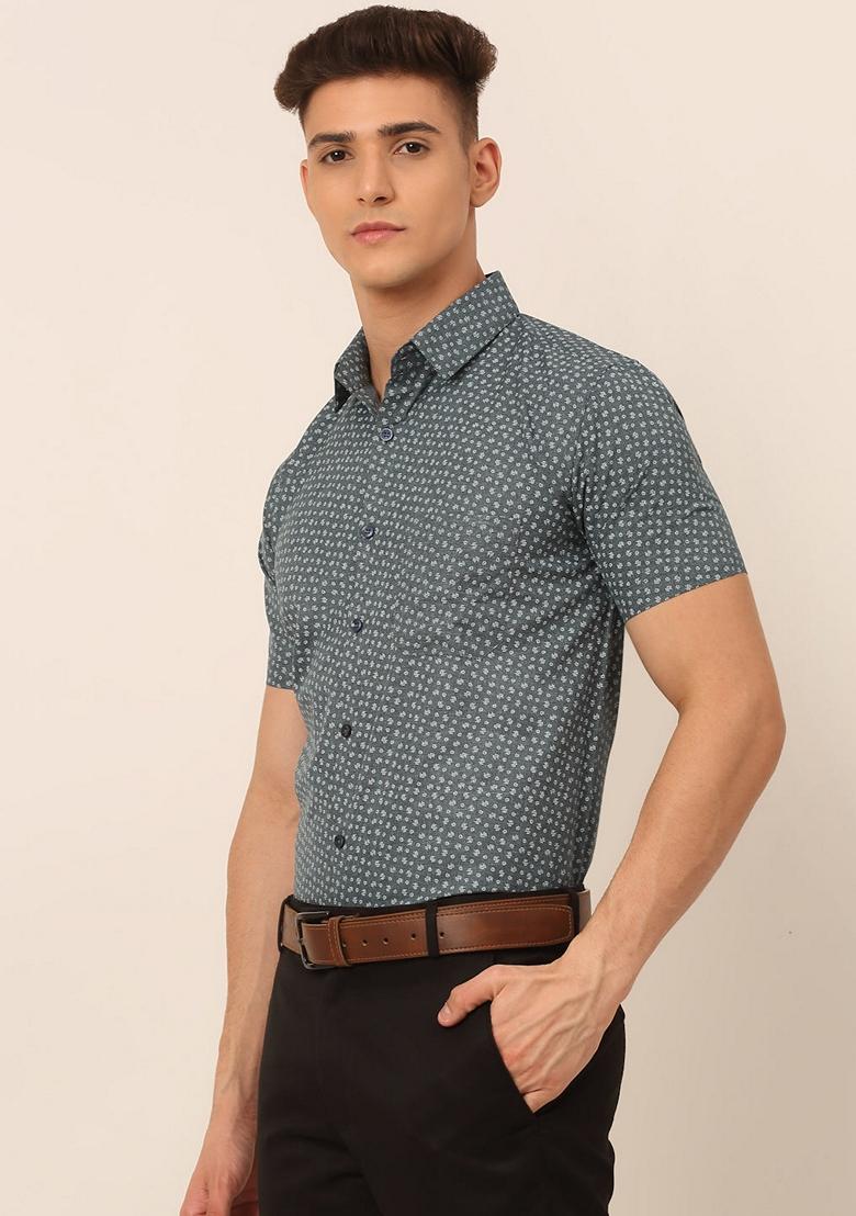 Grey Printed Cotton Blend Shirt For Men