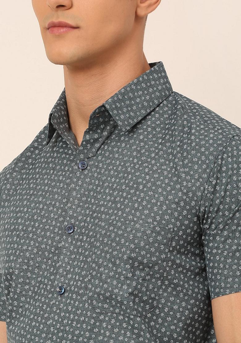 Grey Printed Cotton Blend Shirt For Men