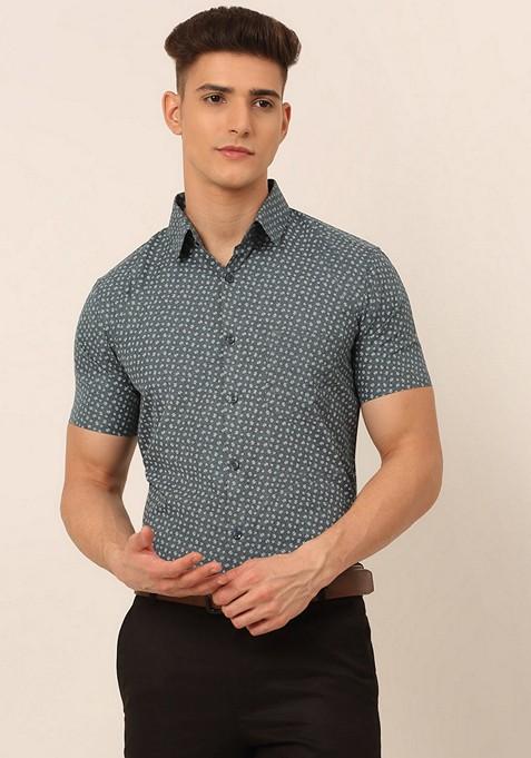 Grey Printed Cotton Blend Shirt For Men