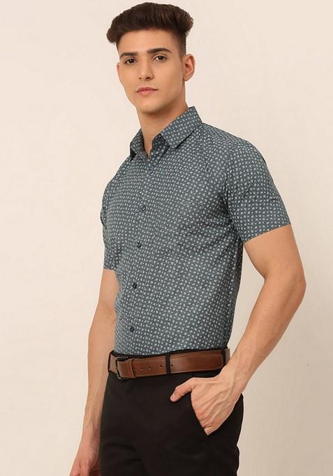 Grey Printed Cotton Blend Shirt For Men