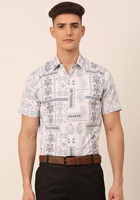 White Printed Cotton Shirt For Men