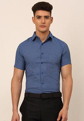 Blue Checkered Cotton Shirt For Men