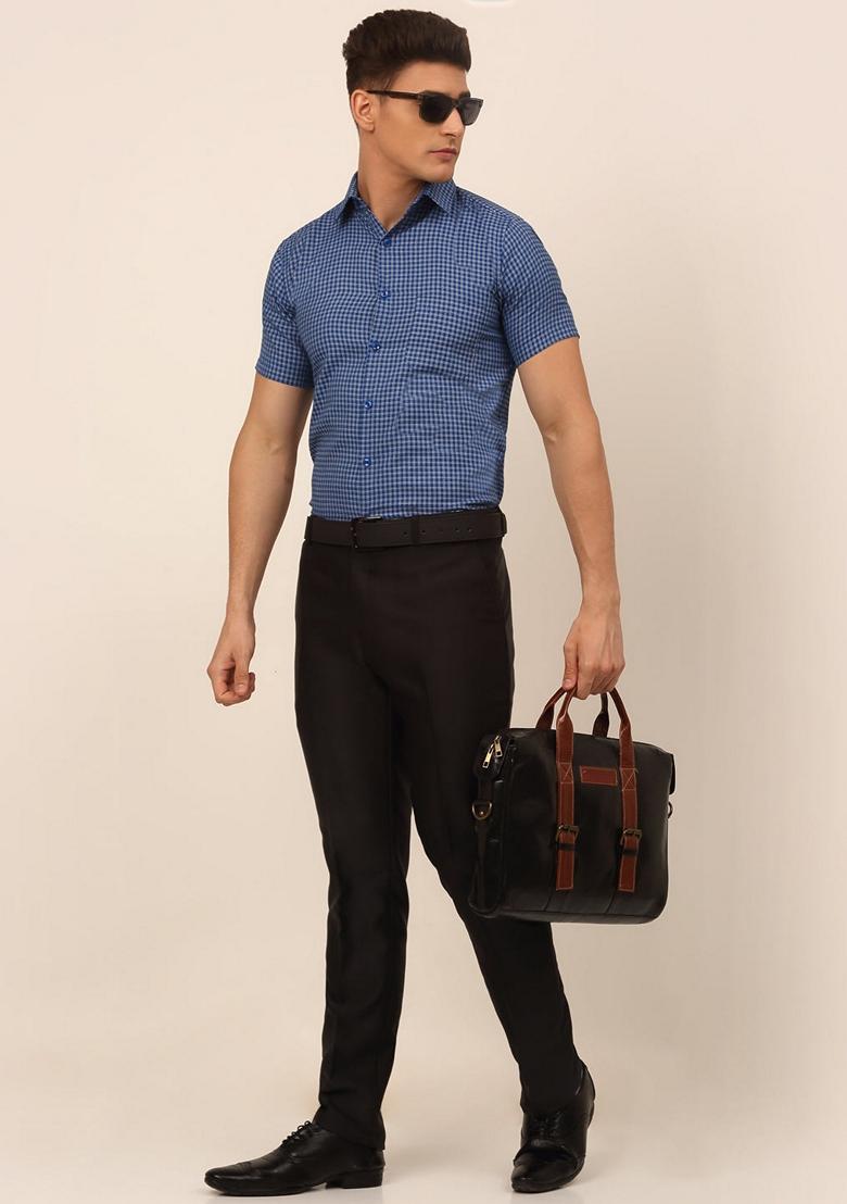 Blue Checkered Cotton Shirt For Men - Indya