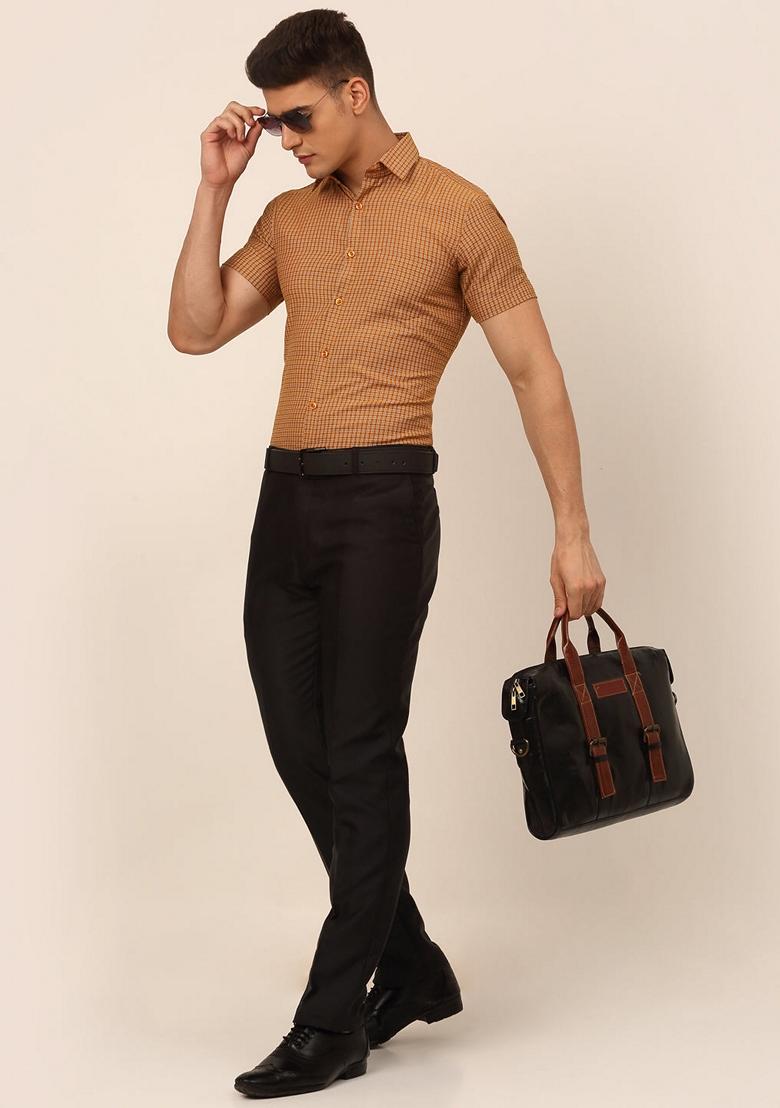 Mustard Checkered Cotton Shirt For Men - Indya