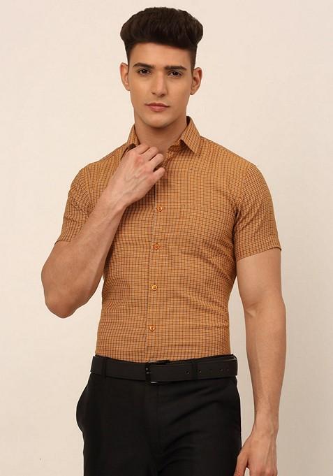 Mustard Checkered Cotton Shirt For Men