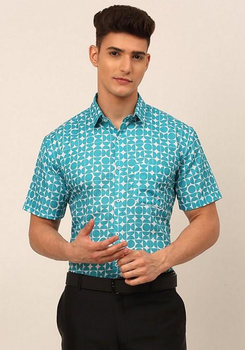 Aqua Blue Printed Cotton Shirt For Men