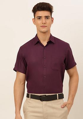 Wine Cotton Blend Shirt For Men