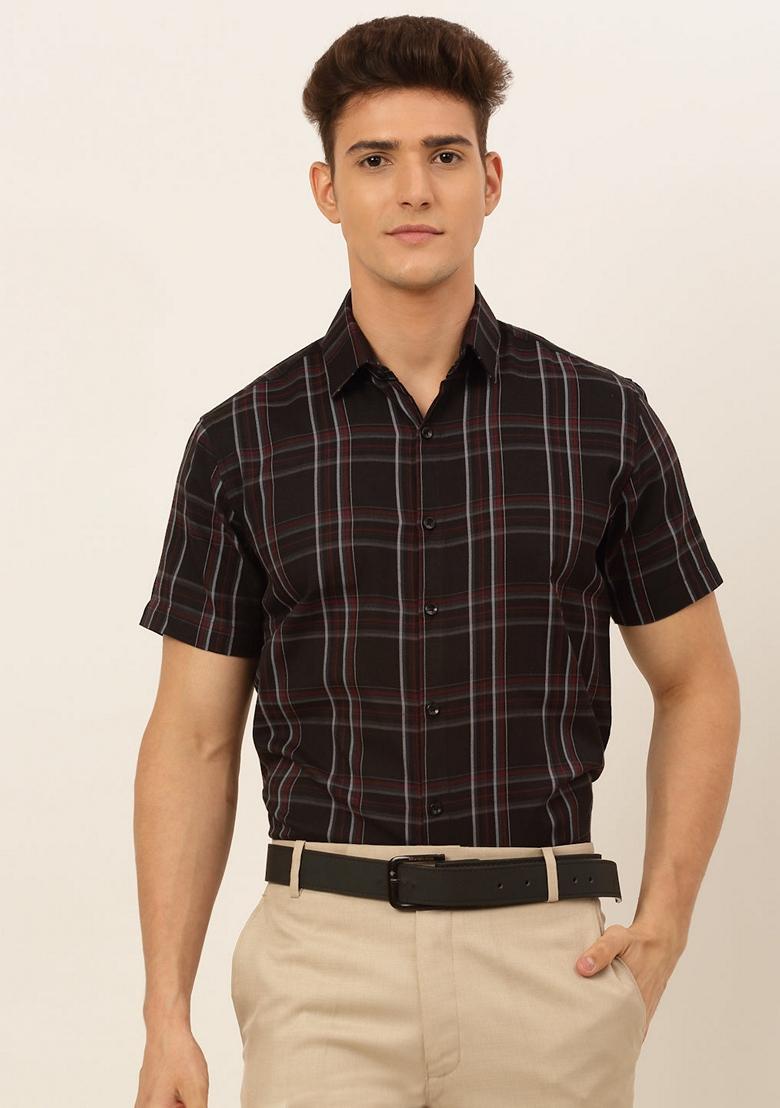 Black Checkered Cotton Shirt For Men